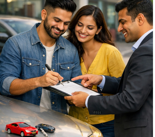 Happy family with car
